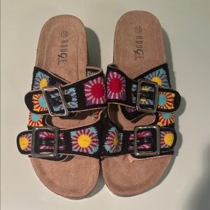 Rouge! Black Embroidered Double-Buckle Multicolored Floral Sandals